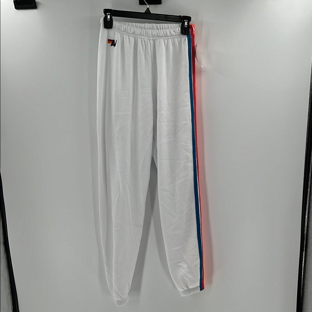 Aviator Nation Women's 5 Stripe Sweatpants - White Neon Rainbow - Small - NWT